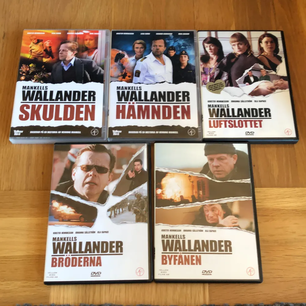 5 stycken Wallander filmer. Skulden, hämnden, luftslottet, bröderna och byfånen. 40 kr/st. Övrigt.