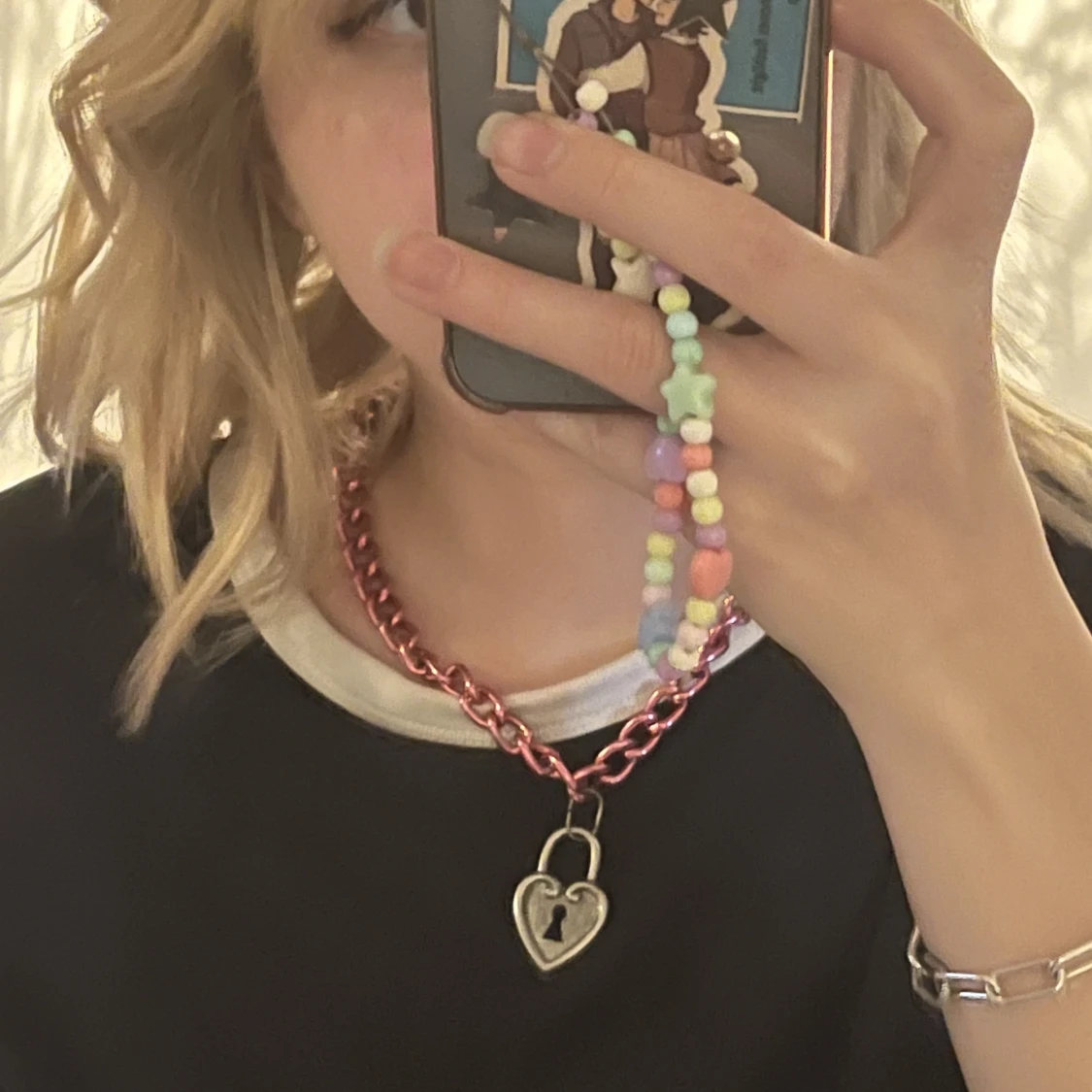 rosa halsband med hjärt-lås - 90