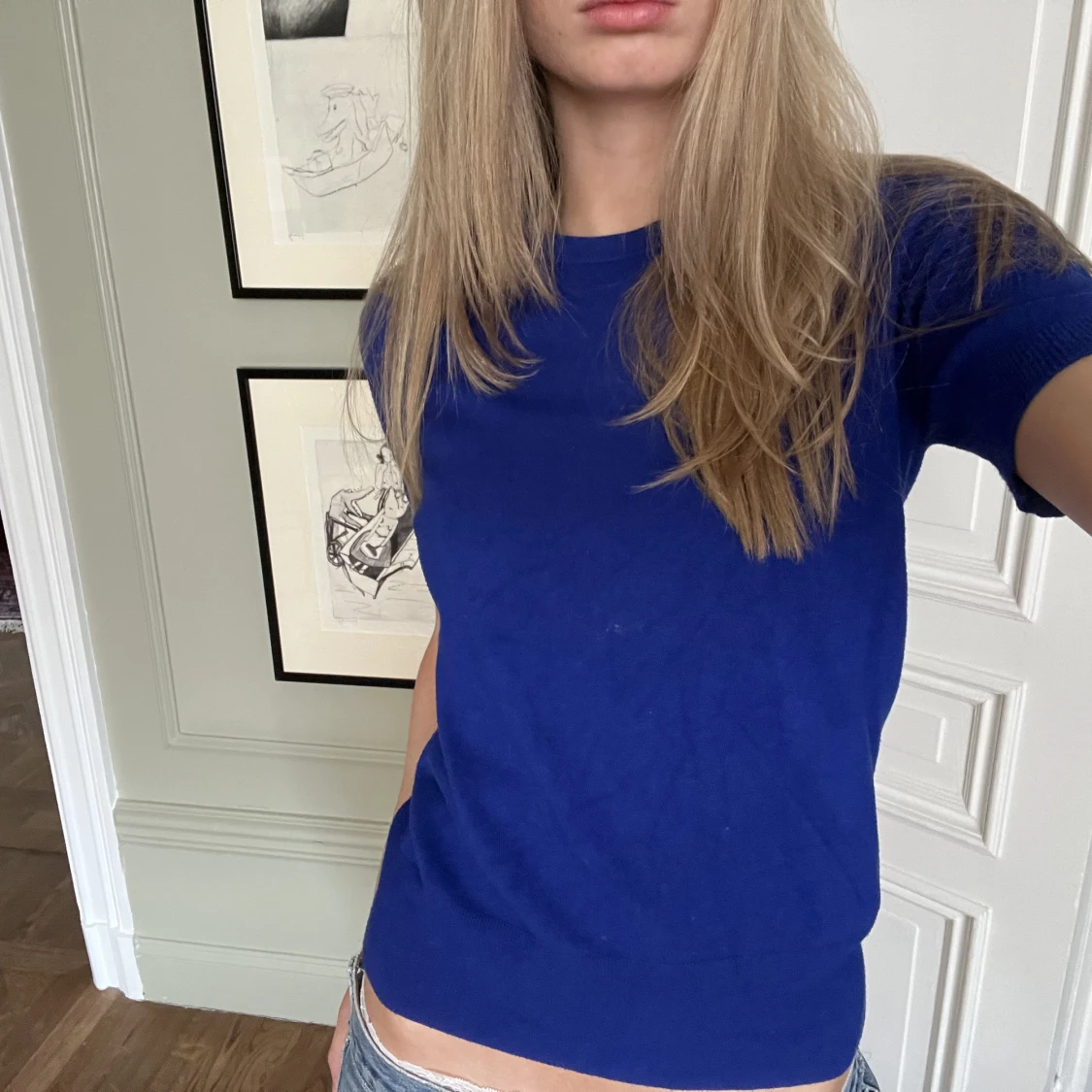 Blå stickad t-shirt - 90