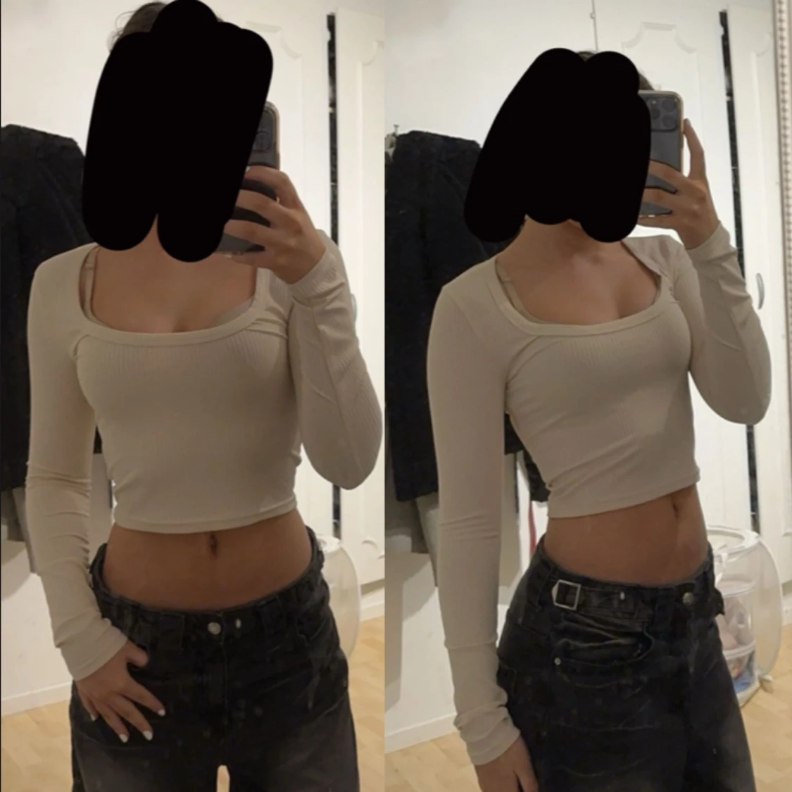 Beige crop top U ringad tröja - 90