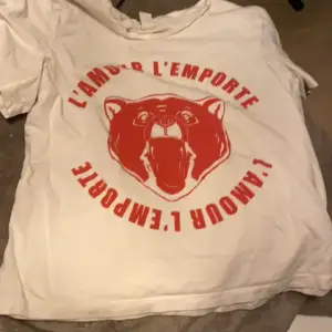 Skön t-shirt som sitter löst runt kroppen. Storlek S. Har tryck på en björn med text runt.