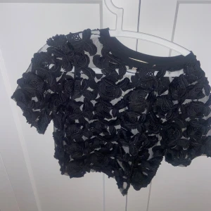 Svart spetsblus -  elegant svart spetsblus med korta ärmar och ett blommigt mönster. Blusen är genomskinlig och har en rund halsringning. Passar perfekt till fest eller till vardags. aldrig använd💕