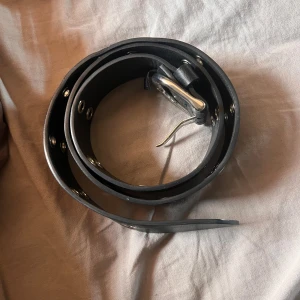 Svart skinnbälte med silverdetaljer - Ett svart skinnbälte med silverfärgad spänne och nitar. Bältet har flera rader av silvernitar som ger det en unik och stilren look. Perfekt för att komplettera en rockig eller elegant outfit. passar till alla då du lans sätta spännet i vilka hål som helst 
