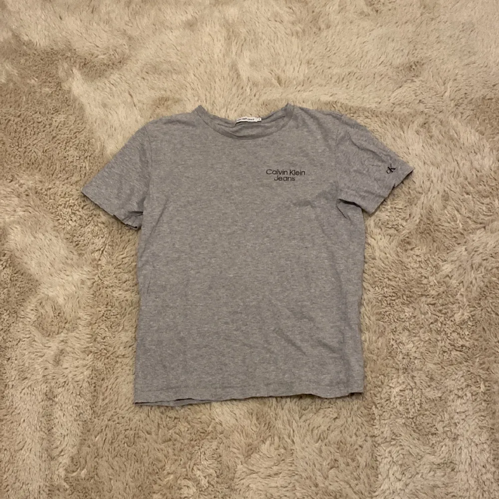 Grå Calvin Klein T-shirt med två olika märken en på kanten och en på axeln. T-shirts.