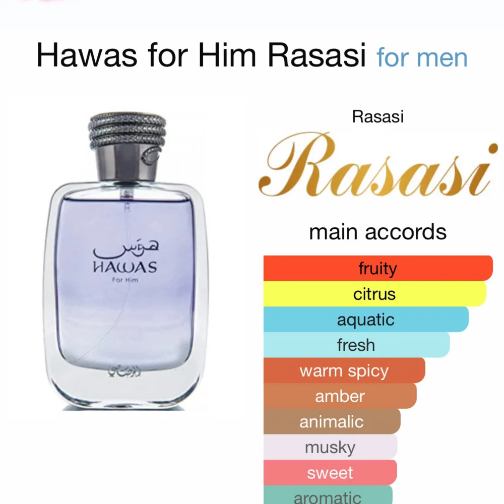 Säljer splittar av Rasasi hawas. En långvarig väldigt fruktig parfym som är perfekt till sommaren. 3ml=35 5ml=59 10ml=90. Parfym.