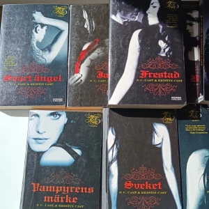 House of Night av P.C. Cast Kristen Cast - 8/12 böcker av House of night. Zoey blir "märkt" av en vampyrspårare och plötsligt förändras hennes liv på några få minuter. Den här vampyr serien är riktad till ungdomar. Spännande böcker som jag inte kunde sluta läsa ❤️