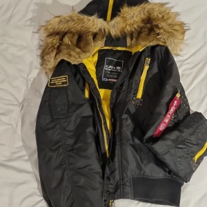 Alpha Industries jacka - Säljer en Alpha jacka 45P i storlek L perfekt nu för vintern speciellt med pälsen i luvan och på kragen, den är sparsamt använd men saknas tyvärr en knapp till höger ficka. Pris kan diskuteras, kan också vara villig att byta isf kom DM.