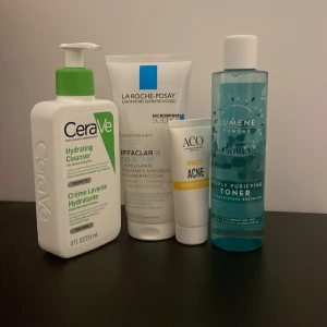 Hudvård  -  cleanser från CeraVe, En treatment cream från ACO  och en purifying toner av Lumene  pris är olika beroende på produkt 