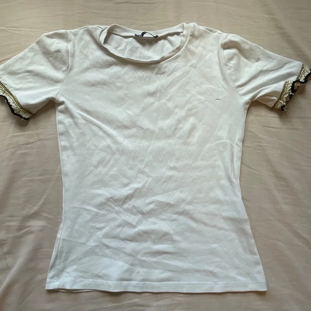 Jättefin t-shirt från zara i strl S. Den är ganska använd så den har ett litet hål på bröstet o på ena ärmen! Köparen står för frakten‼️. T-shirts.