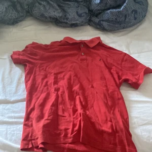 Röd pikétröja - En röd pikétröja med korta ärmar och en krage med knappar. Tröjan har en liten broderad logotyp på bröstet.