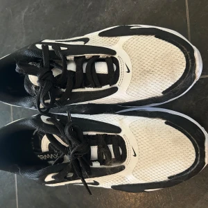 Nike Air Max sneakers i svart och vitt - Säljer ett par Nike Air Max sneakers i svart och vitt. Skorna har en snygg design med svarta och vita detaljer och är i bra skick. Perfekta för både vardag och träning. De har snörning och en bekväm passform.