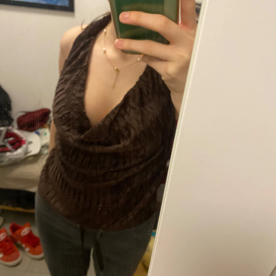 Brun halterneck topp med drapering - 1