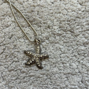 Halsband med sjöstjärna i silver - Snyggt halsband med en detaljrik sjöstjärna som hänge. Kedjan är tunn och smidig i silverfärg, och sjöstjärnan är dekorerad med små glittrande stenar som ger extra bling. Perfekt accessoar för dig som gillar havsinspirerade smycken.