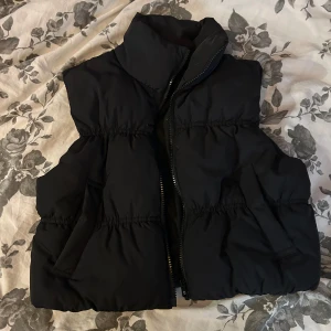 Svart dunväst med hög krage - Säljer en svart dunväst med hög krage och dragkedja framtill. Västen har två fickor på sidorna och är quiltad med elastiska sömmar som ger en puffig look. Perfekt att slänga över en hoodie för extra värme. Enkel och stilren design som funkar till det mesta.