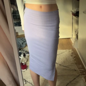 Ljuslila ribbad långkjol från Shein - Säljer en ljuslila ribbad långkjol från Shein i storlek XS. Kjolen är figurnära med en snygg slits på sidan och har en mjuk, stretchig känsla. Perfekt för dig som gillar en clean och stilren look med lite edge.