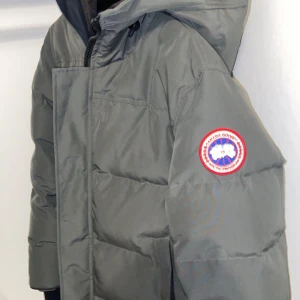 Grå dunjacka från Canada Goose - Säljer en grå dunjacka från Canada Goose med huva och klassisk logotyp på ärmen. Jackan har dragkedja och knappar framtill samt quiltad design som håller värmen. Perfekt för kalla dagar.