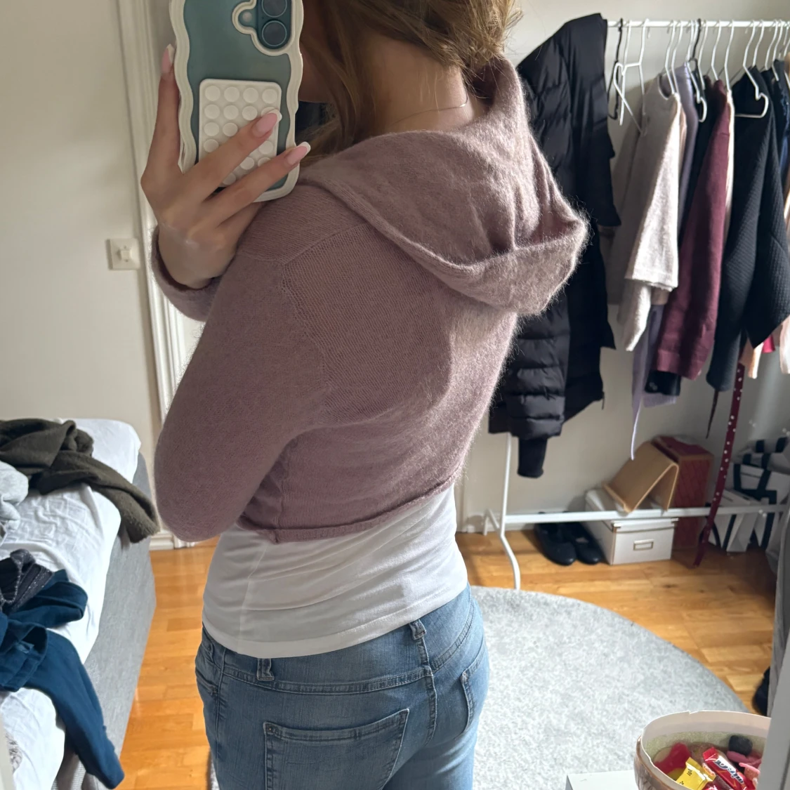 Rosa stickad hoodie med dragkedja - 1