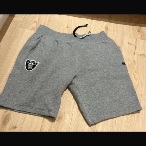 Grå NFL shorts från New Era L - Grå mjuka shorts från New Era med NFL Team Apparel och Raiders-logga på ena benet. De har snörning i midjan, två sidofickor och är tillverkade i skönt bomullsmaterial. Perfekta för chill eller sportiga dagar.