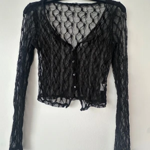 Svart spetsig croppad blus - Säljer en svart, transparent och croppad blus i spets med långa ärmar och knappar framtill. Perfekt för att addera en edgy touch till din outfit.