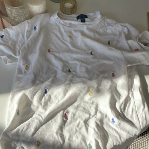 Vit t-shirt från Polo Ralph Lauren - Säljer en vit t-shirt från Polo Ralph Lauren med små broderade logotyper i olika färger som blå, röd, grön och gul. T-shirten är kortärmad. Perfekt för en avslappnad stil.