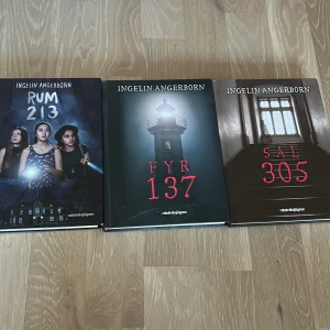 Bokserie av Ingelin Angerborn: Rum 213, Fyr 137, Sal 305 - Säljer en spännande bokserie av Ingelin Angerborn, titlarna Rum 213, Fyr 137 och Sal 305. Jättebra och spännande böcker som är väldigt uppskattade av barn runt 8-12 år men passar även för lite äldre! Sista boken i serien har lite klotter på första sidan som du ser på sista bilden, lite slitna på baksidan som även syns på bild 2.