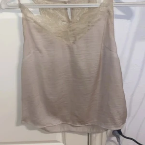 Beige linnetopp med spetsdetaljer - Säljer en beige linnetopp med vackra spetsdetaljer upptill och i ryggen. Toppen har en feminin v-ringning och knäppning bak. Perfekt för lager-på-lager eller som den är under varma dagar.