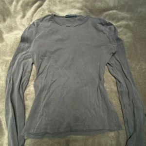 Grå långärmad topp från Brandy Melville - Säljer en grå långärmad topp från Brandy Melville. Tröjan har rund halsringning och är tillverkad i ett mjukt, tunt material som sitter figurnära. Perfekt att styla med jeans eller kjol.