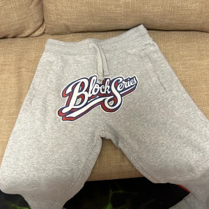 Grå mjukisbyxor från Russell Block Series - Grå mjukisbyxor från Russell med trycket 'Block Series' framtill. Byxorna har dragsko i midjan, två sidofickor och en bakficka med patch. Perfekta för en avslappnad stil.