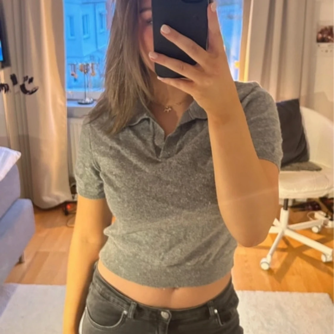 Grå croppad pikétröja - 1