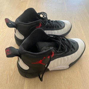 Svarta och vita Nike Air Jordans - Säljer ett par Nike Air Jordans i svart och vitt med röda detaljer. Skorna har snörning, rund tå och platt sula. Klassisk Jordan-logga på sidan och bak. Perfekta för dig som gillar streetwear och sneakers med attityd.