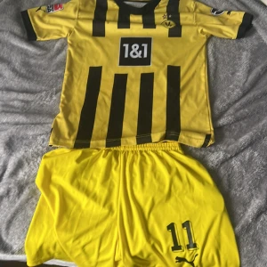 Borussia Dortmund reus fotbollströja med shorts - Gul och svart Borussia Dortmund matchtröja med svarta ränder, sponsorloggor och nummer 11 Reus på ryggen. Korta ärmar och tillhörande gula shorts med nummer 11. Klassisk BVB-design och officiella tryck. Priset kan eventuellt diskuteras 