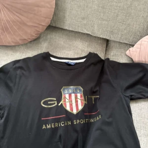 Svart t-shirt från GANT med tryck - Svart t-shirt från GANT med stort tryck framtill i form av ett emblem och texten 'AMERICAN SPORTWEAR'. Klassisk rund halsringning och normal passform. Perfekt för en sportig och stilren look.