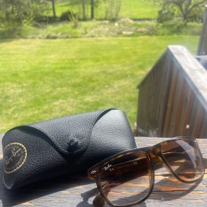 Ray-Ban Wayfarer brunmelerade solglasögon - Snygga Ray-Ban Wayfarer solglasögon i brunmelerad plast med klassisk form. Modellen är RB4147 och de har breda skalmar med Ray-Ban-logga. Kommer med original svart fodral. Det ända problem med dessa är att fodralet är lite sönder men brillorna är i fint skick