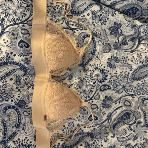 Beige spetsig bralette med tunna axelband - Säljer en beige bralette med spetsdetaljer och tunna axelband. Kuporna är triangelformade och har en mjuk spetskant runtom. Perfekt för lager-på-lager eller som en snygg detalj under en öppen skjorta.
