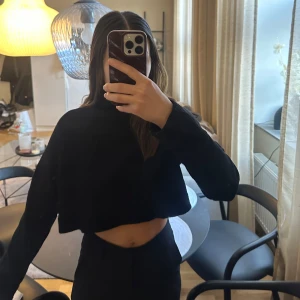 Svart croppad polotröja - Säljer en stilren svart croppad polotröja med långa ärmar. Tröjan har en hög krage som ger extra värme och stil.💞