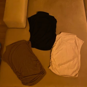 Tre ärmlösa polotoppar i olika färger - Säljer tre stilrena ärmlösa polotoppar i svart, beige (SHEIN) och brun (Gina tricot). Alla har hög hals och en clean, enkel design som passar perfekt till jeans eller kjol. Materialet känns mjukt och stretchigt, vilket gör dem riktigt sköna att bära. 90kr för alla tre 