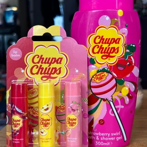 Chupa Chups Shower gel  &  Lip Balm Collection! - Chupa Chups Bath & Shower gel ”Strawberry Swirl” 300 ml & Chupa Chups Lip Balm Collection i smakerna ”Watermelon Mix”, ”Lemon Sorbet” & ”Peach Pulp”. Plomberat.