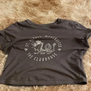 Grå croppad t-shirt med draktryck - Snygg grå croppad t-shirt från H&M Divided med coolt vitt draktryck och texten 'St. George Manchester The Clubhouse' på bröstet. Klassisk rund halsringning och korta ärmar. Perfekt för en chill och trendig look.