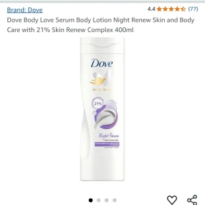 3st Dove Body Love Night Renew Lotion - Dove Body Love Night Renew är en kroppslotion med 21% Skin Renew Complex och niacinamid. Kommer i en vit plastflaska med lila och guld detaljer. Innehåller 400 ml och är framtagen för att ge huden extra vård under natten. (50kr styck)