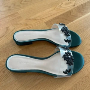 Gröna sandaler med transparent rem och svarta pärldetaljer - Säljer ett par gröna sandaler med låg klack och transparent rem över foten. Remmen är dekorerad med svarta pärlor i blommönster. Snygga och trendiga skor som passar perfekt till sommaren nya oanvända 