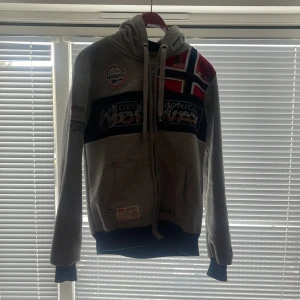Grå hoodie från Geographical Norway med norsk flagga - Säljer en grå hoodie från Geographical Norway med norsk flagga och broderade detaljer framtill. Tröjan har dragkedja, huva med snörning och muddar vid ärmslut och nederkant. 