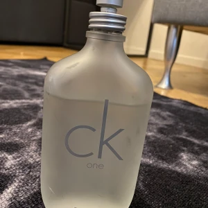 Parfym CK One - Säljer en klassisk CK One parfym från Calvin Klein. Flaskan är frostad och har en stilren design med en enkel grå logotyp. Perfekt för den som gillar en fräsch och skön doft. Finns 180 ML kvar i flaskan 😊