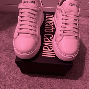 Roberto Cavalli London Sneakers - Snygga vita sneakers från Roberto Cavalli med svart detalj på hälen och en dekorativ metallapplikation på sidan. Skorna har klassisk snörning och är tillverkade i skinn. Perfekta för en stilren look och för o haffa bänätz i klubben elr baren. Köpt för 4.700kr. Priset kan diskuteras.
