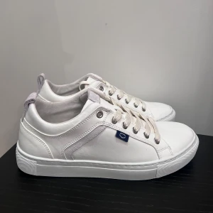 Vita sneakers från Crocker - Säljer ett par fräscha vita sneakers från Crocker med snörning och diskreta grå detaljer på plös och häl. Skorna har en klassisk rund tå och platt sula, perfekta för en clean och stilren look. Nya utan prislapp.