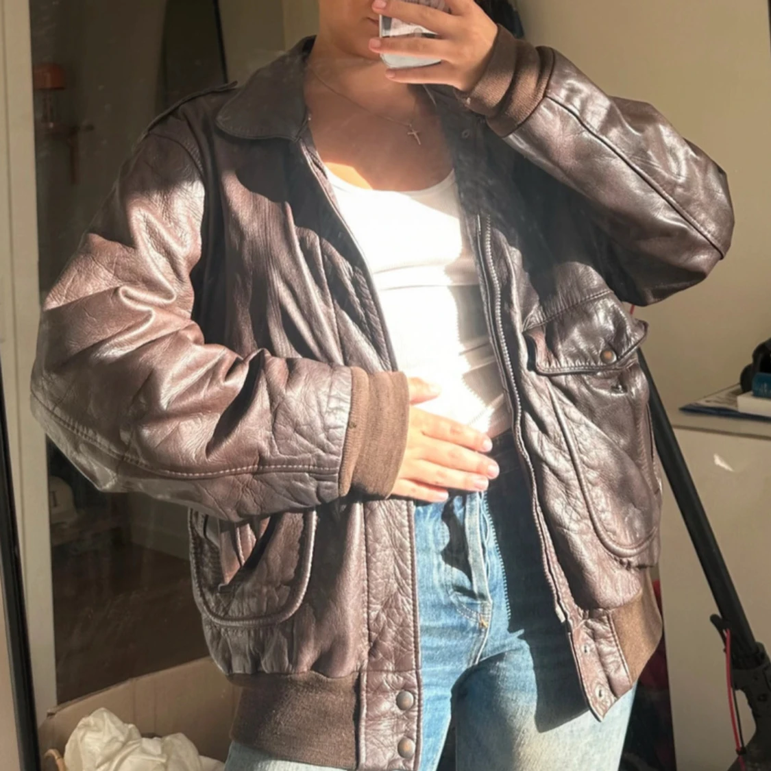 Brun skinnjacka med fickor - 1