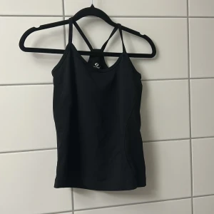 Svart linnetopp  - Svart sportig linnetopp med smala axelband som korsas i ryggen. Toppen är figurnära och tillverkad i ett stretchigt syntetmaterial som passar perfekt för träning. Enkel och stilren design utan mönster.