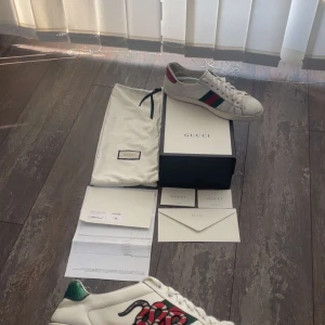 Gucci Ace Snake - Riktigt eftertraktade och exklusiva gucci ace snake skor. Skorna är riktigt snygga, perfekta för sommaren. Köpta för 6000 kr. Storlek: 46, Skick: 6/10, rätt använd och sliten men har väldigt mycket kvar att ge.  Allt på bilden medföljer, alltså:  2 gucci påsar Gucci skokartong Gucci kuvert Papper från gucci Orderbekräftelse/kvitto  Kontakta mig vid frågor! Pris kan sänkas vid snabb affär!  Gå in på min profil och se om det nåt mer du gillar. Du kan skapar bundle för billigare pris!