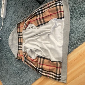 Grå hoodie med rutig insida - Säljer en stilren grå hoodie med dragkedja och en klassisk rutig insida i beige, svart och röd. Den har en bekväm passform med långa ärmar och en praktisk huva. Perfekt för en avslappnad look. Dragkjedan funkar inte och därav priset