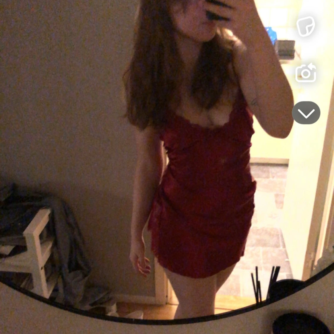 Röd satin natt klänning med spets - 4