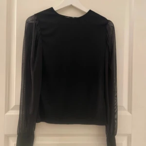 Svart topp med meshärmar - Snygg svart topp med transparenta meshärmar och rund halsringning. Ärmarna är långa och ger en cool kontrast till den släta kroppen på toppen. Perfekt för dig som gillar stilrena plagg med en twist.